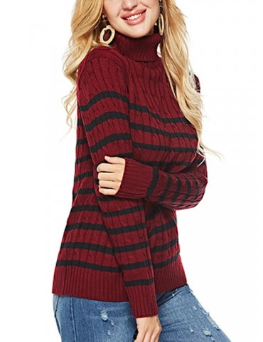 Woven Striped Turtleneck Casual Sweater