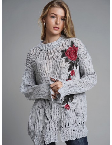 Embroidery Floral Loose Ripper Hem Sweater