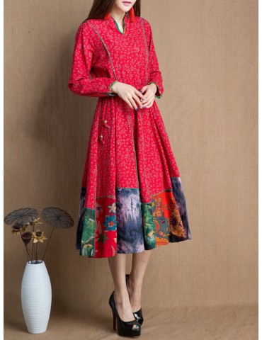 Floral Printed Large Hem Patchwork Cotton Dress for Women