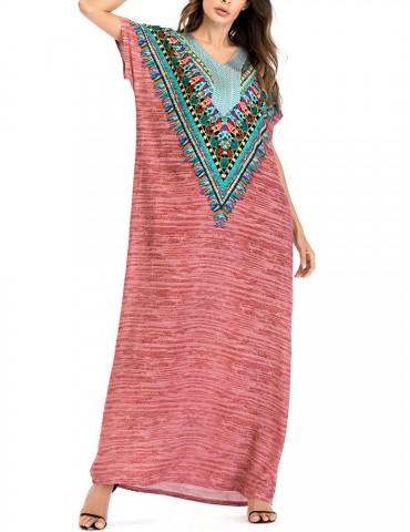Casual Embroidered V-neck Loose Maxi Dresses