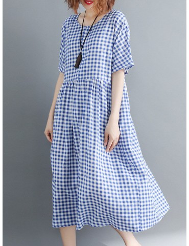 Casual Plaid Half Sleeve Maxi Dress for Women