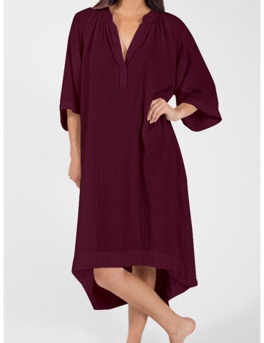Casual V-neck 3/4 Sleeve High Low Loose Plus Size Dress