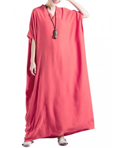 Loose Women Solid Color Batwing Sleeve V-neck Maxi Dress