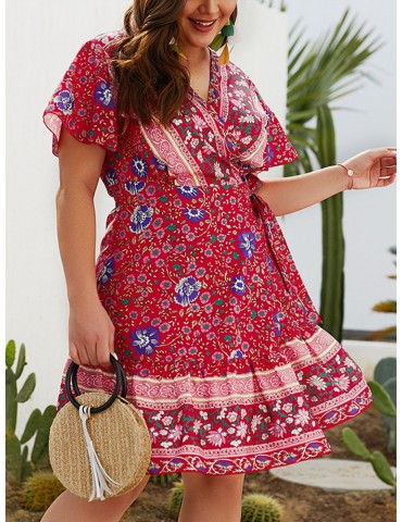 Bohemian Floral Print Ruffle V-neck Plus Size Summer Dress