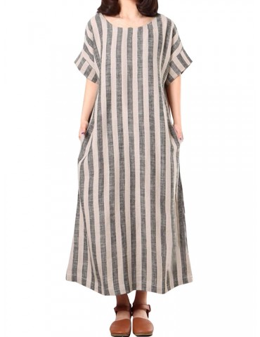 Casual Short Sleeves Striped Baggy Dresses For Women
