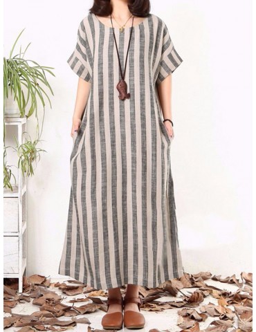 Casual Short Sleeves Striped Baggy Dresses For Women