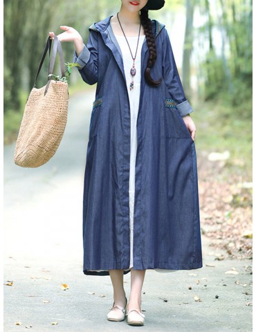 Casual Long Sleeve Hooded Denim Coat for Women