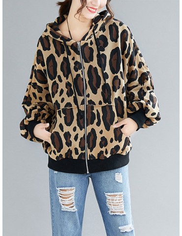 Casual Leopard Print Zipper Hooded Jacket for Women