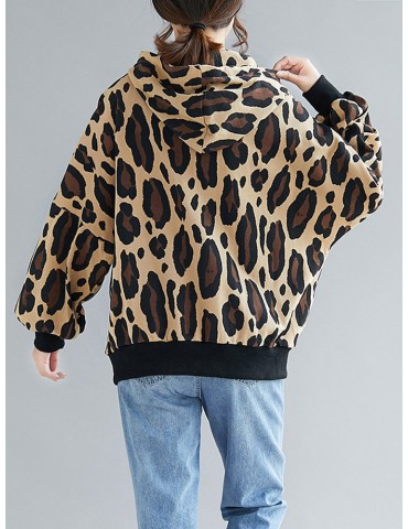 Casual Leopard Print Zipper Hooded Jacket for Women