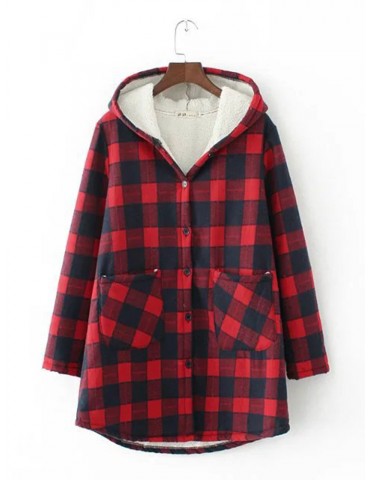 Casual Plaid Pockets Hooded Coat for Women