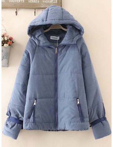 Casual Solid Color Pocket Hooded Cotton Coat