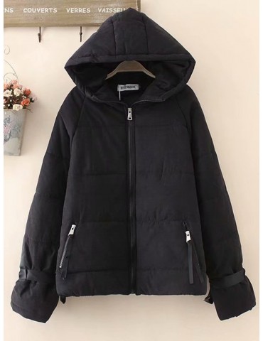 Casual Solid Color Pocket Hooded Cotton Coat