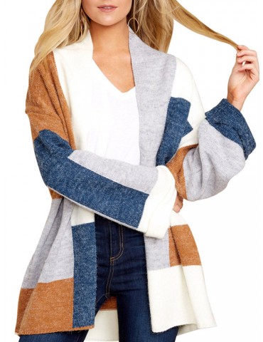 Casual Color Block Patchwork Plaid Cardigan Sweater for Women