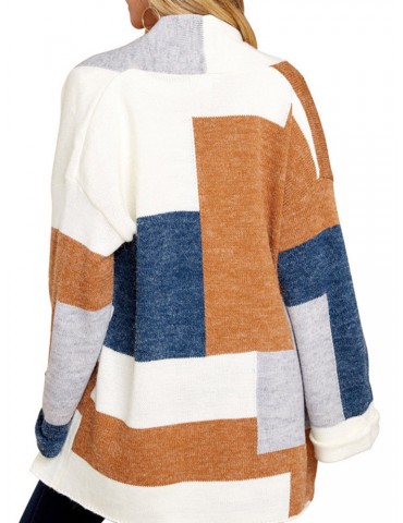 Casual Color Block Patchwork Plaid Cardigan Sweater for Women