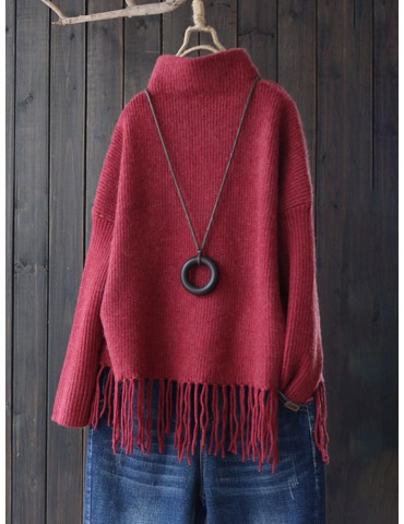Casual Turtleneck Tassel Hem Thick Long Sweater for Women