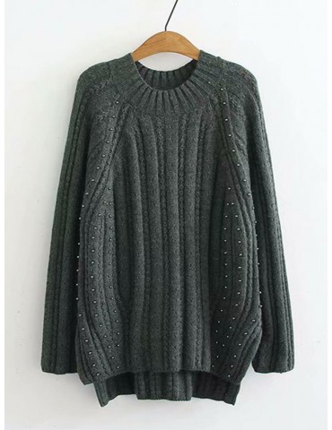Beads Solid Color Knit Crew Neck Sweaters