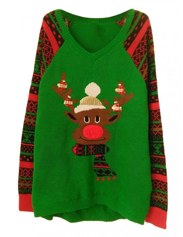 Casual Cartoon Print Patchwork V-neck Ugly Christmas Sweater for Women