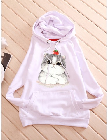 Casual Cat Printed Hooded Long Sleeve Hoodies