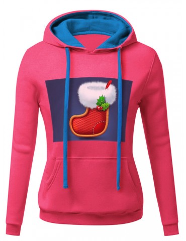 Casual Christmas Stocking Print Hoodie for Women