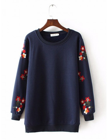 Casual Crew Neck Embroidery Thick Long Sleeve Sweatshirt