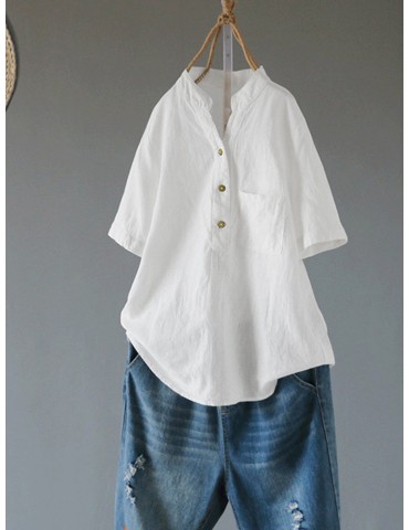 Pocket V-neck 3/4 Sleeve Solid Color Plus Size Shirt