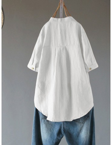 Pocket V-neck 3/4 Sleeve Solid Color Plus Size Shirt