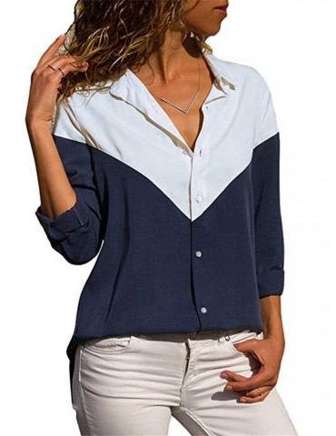 Casual Solid Color Patchwork V-Neck Long Sleeve Blouse