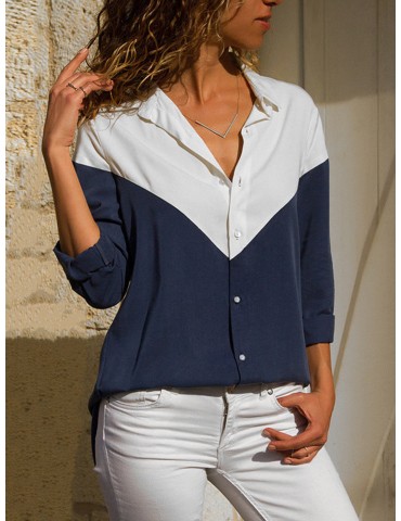 Casual Solid Color Patchwork V-Neck Long Sleeve Blouse