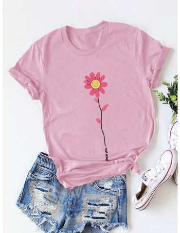 Casual Flower Print Short Sleeve T-Shirt for Women