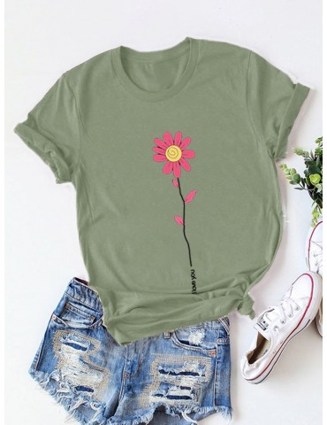 Casual Flower Print Short Sleeve T-Shirt for Women