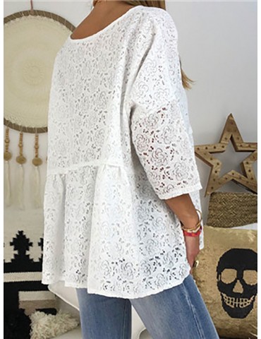 Lace Crochet V-neck Half Sleeve Loose Plus Size Blouse