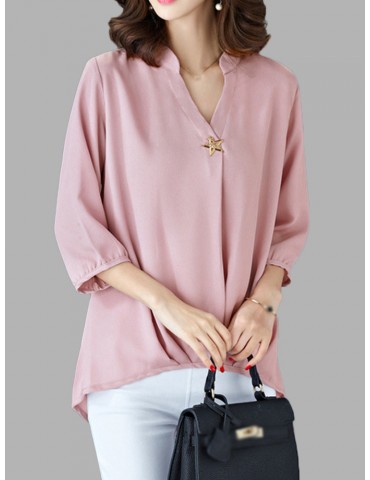 Casual Pure Color V Neck Chiffon Shirts For Women