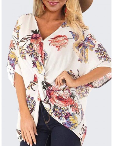 Casual Floral Print V-neck Half Sleeve Plus Size Blouse