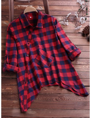 Casual Lapel Plaid Print Irregular Hem Shirt for Women