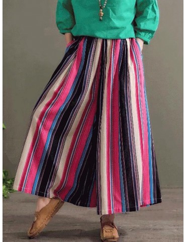 Floral Striped Print Elastic Waist Wide Leg Vintage Pants