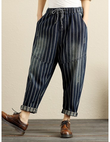Denim Striped Elastic Waist Loose Pants
