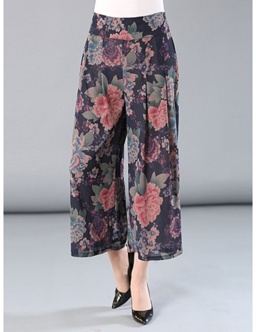 Floral Printed Elastic Waist Wide Leg Pants for Women