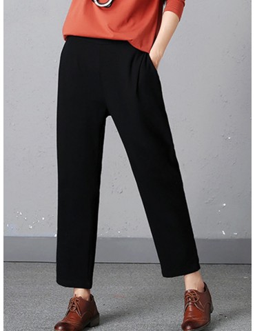 Casual Pure Color Elastic Waist Women Pants With Pockets
