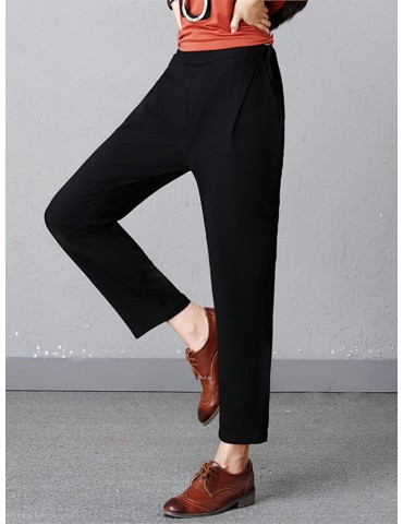 Casual Pure Color Elastic Waist Women Pants With Pockets
