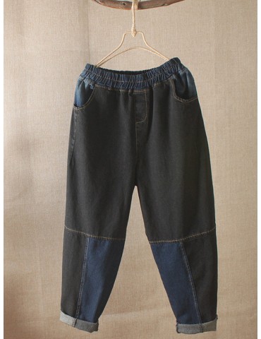 Women Vintage Patchwork Elastic Waist Harem Jeans With Pockets