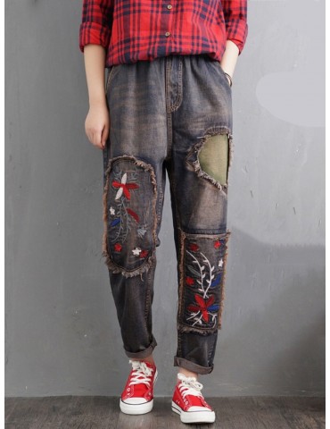 Embroidery Floral Elastic Waist Harem Casual Denim