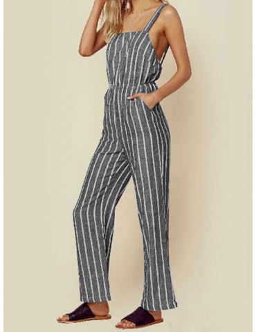 Casual Striped Straps Jumpsuit With Pockets