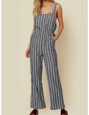 Casual Striped Straps Jumpsuit With Pockets