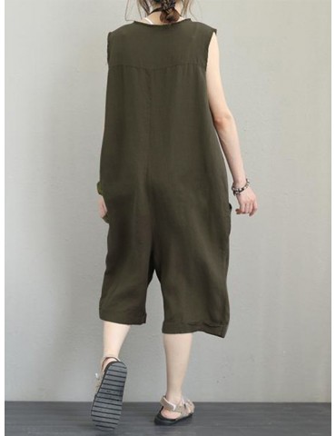 Pockets Button Solid Color Sleeveless Jumpsuit