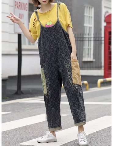 Print Patchwork Spaghetti Straps Pockets Casual Jumpsuit