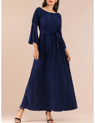 Chic Trumpet Sleeve Slash Neck Maxi Dress with belt