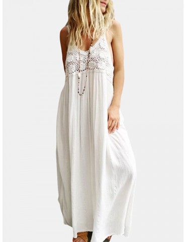 Casual Lace Patch Straps Loose Maxi Dress