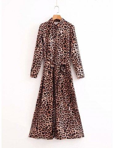 Leopard Button Down Drawstring Maxi Dress