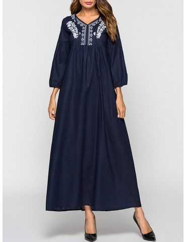 Loose Embroidered Long Sleeve Maxi Dress For Women