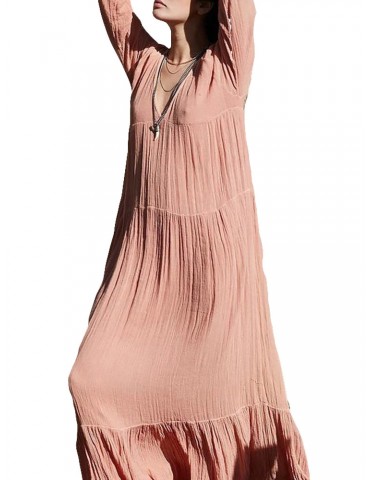 Solid Color Loose Long Sleeve Bohemian Maxi Dress For Women